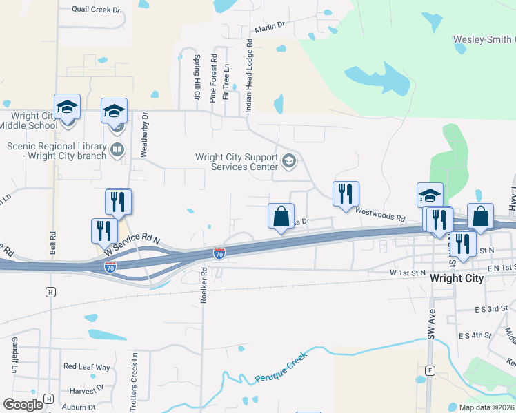 map of restaurants, bars, coffee shops, grocery stores, and more near Northridge Place in Wright City