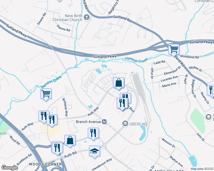 map of restaurants, bars, coffee shops, grocery stores, and more near 5519 Lanier Avenue in Camp Springs