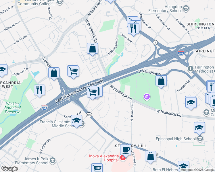 map of restaurants, bars, coffee shops, grocery stores, and more near 2215 North Pickett Street in Alexandria