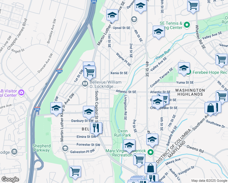 map of restaurants, bars, coffee shops, grocery stores, and more near 101 Atlantic Street Southeast in Washington