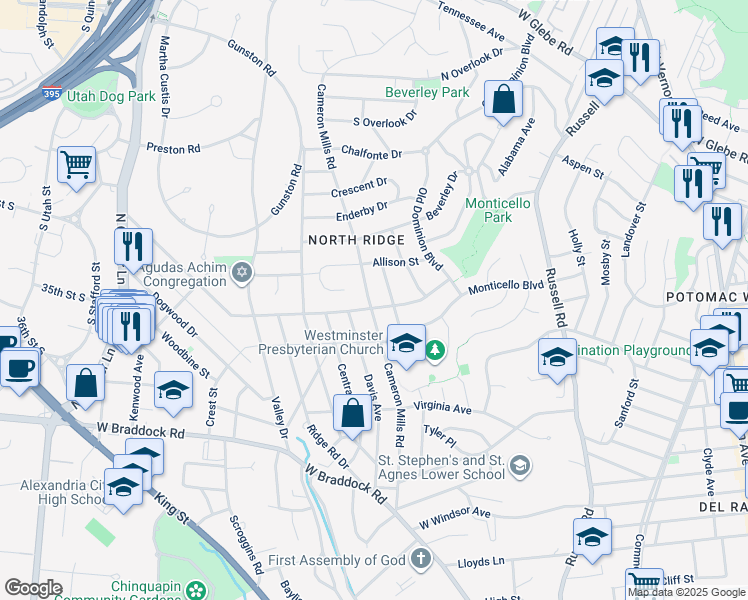 map of restaurants, bars, coffee shops, grocery stores, and more near 2903 Cameron Mills Road in Alexandria