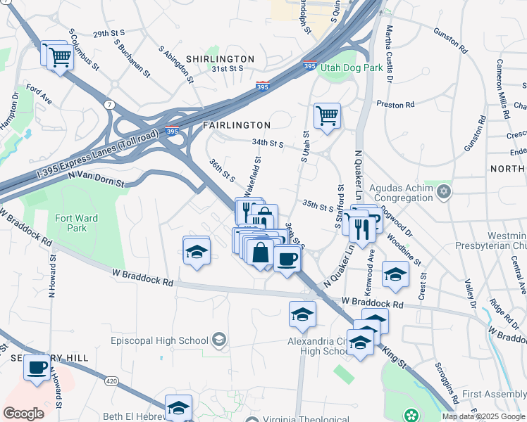 map of restaurants, bars, coffee shops, grocery stores, and more near 4500 36th Street South in Arlington