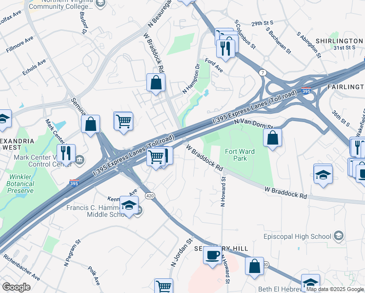 map of restaurants, bars, coffee shops, grocery stores, and more near 2215 North Pickett Street in Alexandria