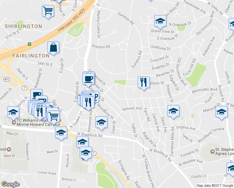 map of restaurants, bars, coffee shops, grocery stores, and more near 1509 Crestwood Drive in Alexandria