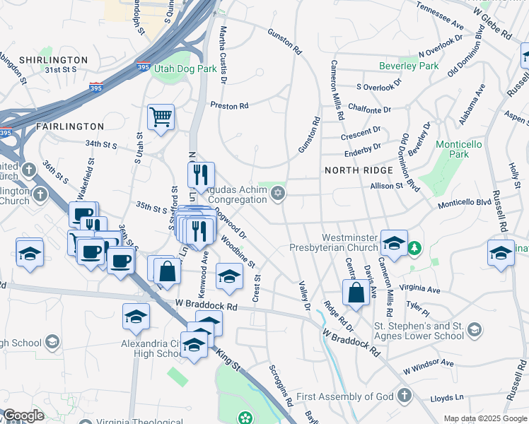 map of restaurants, bars, coffee shops, grocery stores, and more near 1509 Crestwood Drive in Alexandria