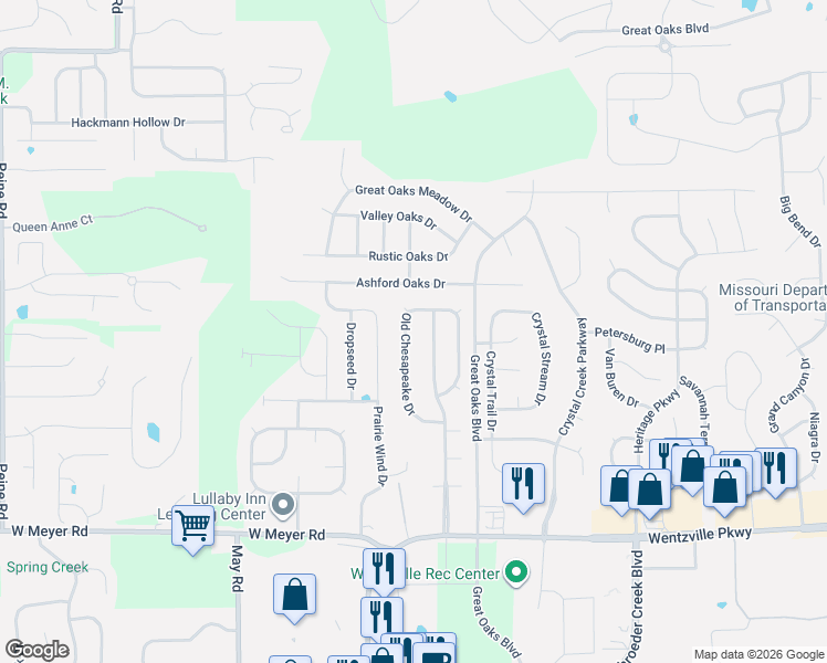 map of restaurants, bars, coffee shops, grocery stores, and more near 192 Old Chesapeake Drive in Wentzville