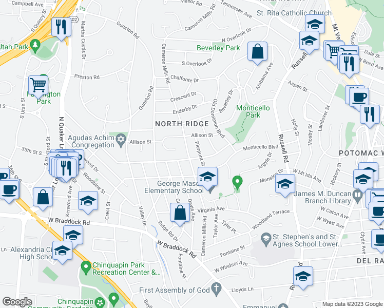 map of restaurants, bars, coffee shops, grocery stores, and more near 2903 Cameron Mills Road in Alexandria