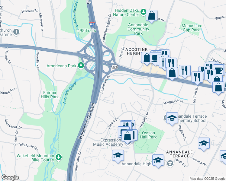 map of restaurants, bars, coffee shops, grocery stores, and more near 4317 Americana Drive in Annandale