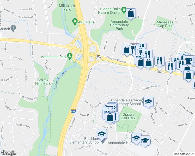 map of restaurants, bars, coffee shops, grocery stores, and more near 4317 Americana Drive in Annandale