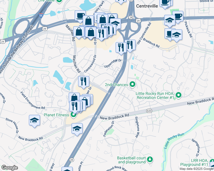 map of restaurants, bars, coffee shops, grocery stores, and more near 14083 Asher View in Centreville