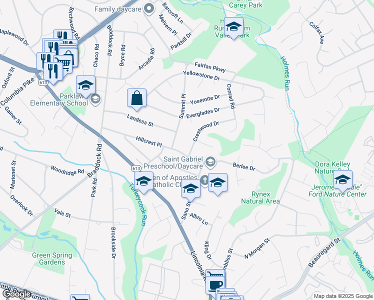 map of restaurants, bars, coffee shops, grocery stores, and more near 6312 Hillcrest Place in Alexandria