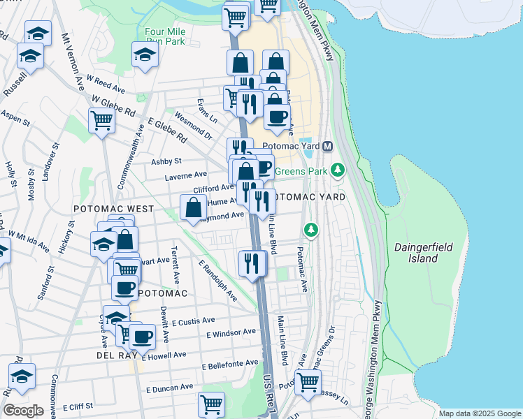 map of restaurants, bars, coffee shops, grocery stores, and more near 2800 Main Line Boulevard in Alexandria