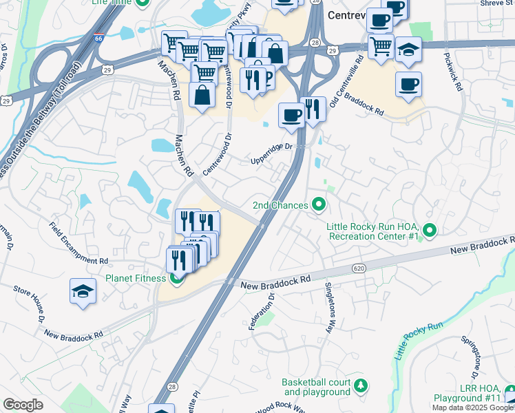 map of restaurants, bars, coffee shops, grocery stores, and more near 14083 Asher View in Centreville
