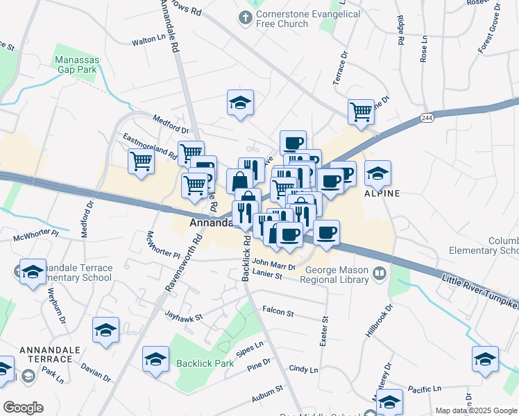 map of restaurants, bars, coffee shops, grocery stores, and more near 7219 Columbia Pike in Annandale