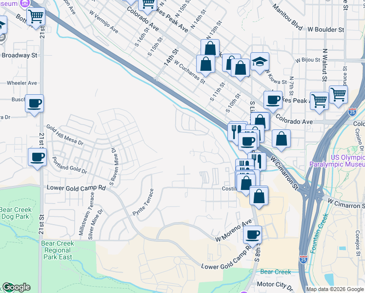 map of restaurants, bars, coffee shops, grocery stores, and more near 200 Cherokee Street in Colorado Springs