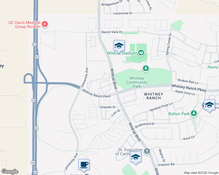 map of restaurants, bars, coffee shops, grocery stores, and more near 1240 Whitney Ranch Parkway in Rocklin