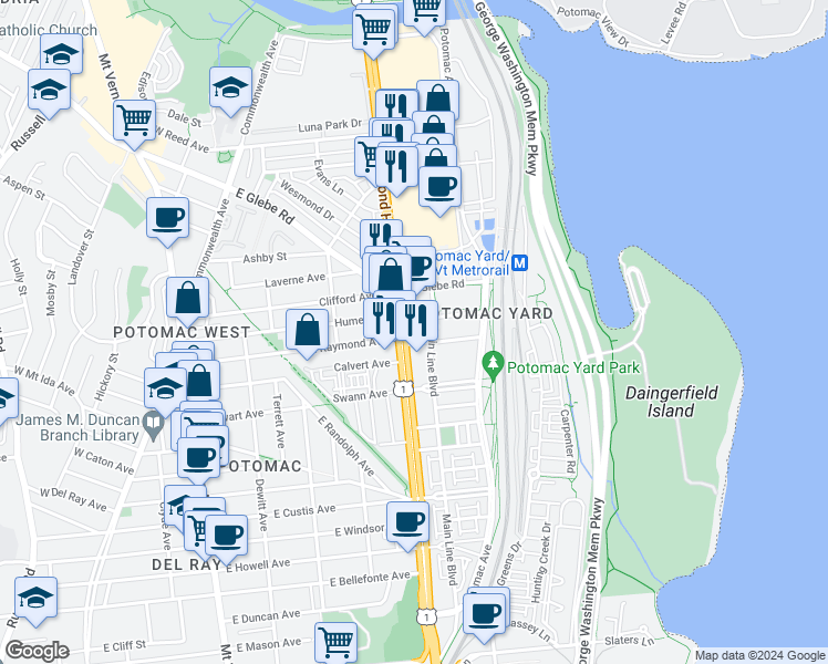 map of restaurants, bars, coffee shops, grocery stores, and more near 101 Independence Avenue Southeast in Washington