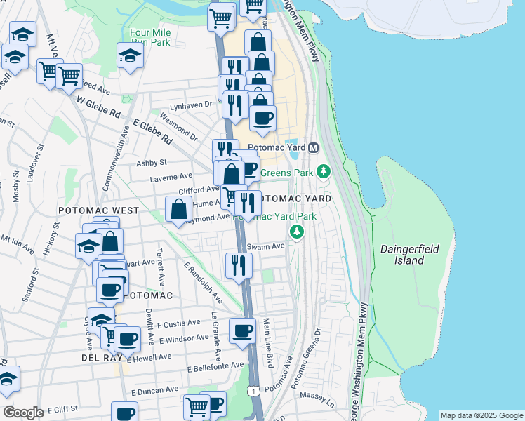 map of restaurants, bars, coffee shops, grocery stores, and more near 701 Seaton Avenue in Alexandria