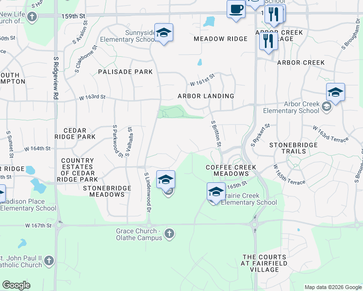 map of restaurants, bars, coffee shops, grocery stores, and more near 17103 West 164th Terrace in Olathe
