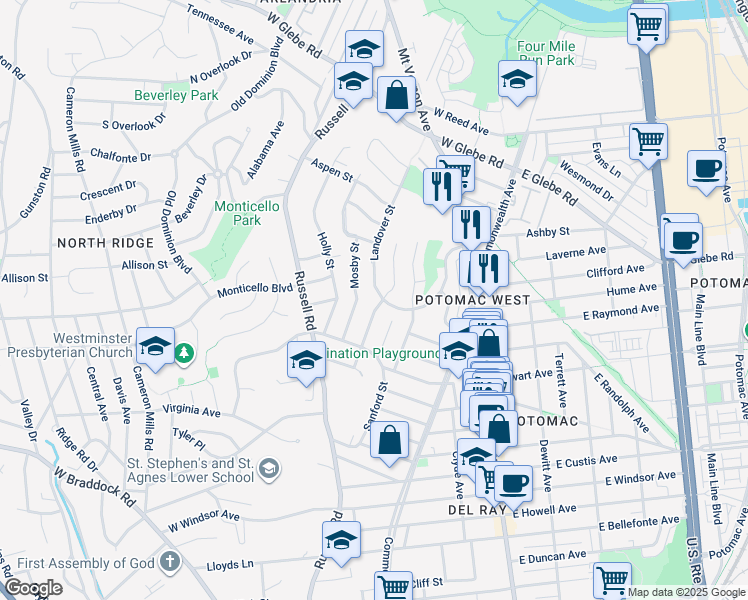 map of restaurants, bars, coffee shops, grocery stores, and more near 2900 Landover Street in Alexandria