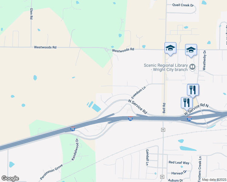 map of restaurants, bars, coffee shops, grocery stores, and more near 1 Carolina Court in Wright City