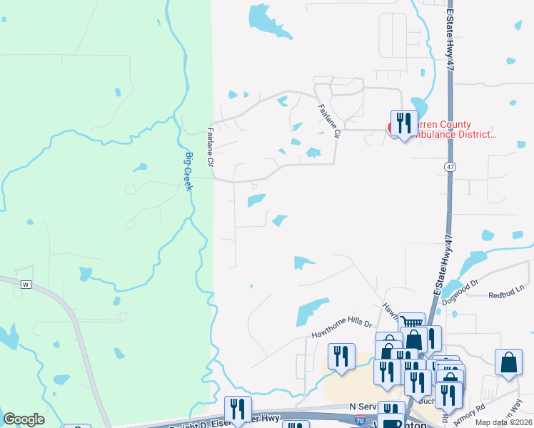 map of restaurants, bars, coffee shops, grocery stores, and more near 1410 Robin Avenue in Warrenton
