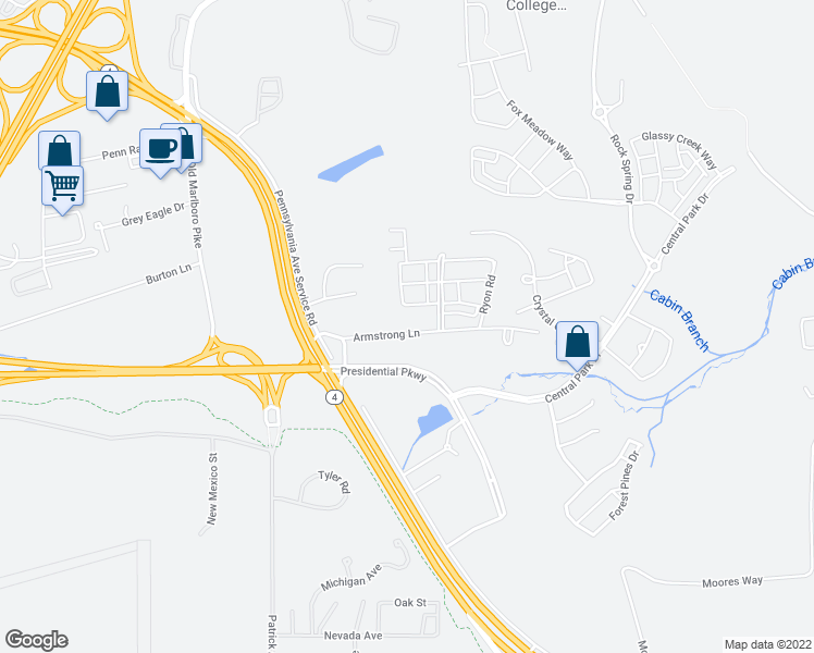 map of restaurants, bars, coffee shops, grocery stores, and more near 8904 Armstrong Lane in Upper Marlboro