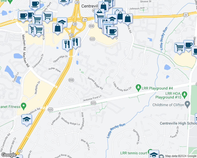 map of restaurants, bars, coffee shops, grocery stores, and more near 6006 Chestnut Hollow Court in Centreville