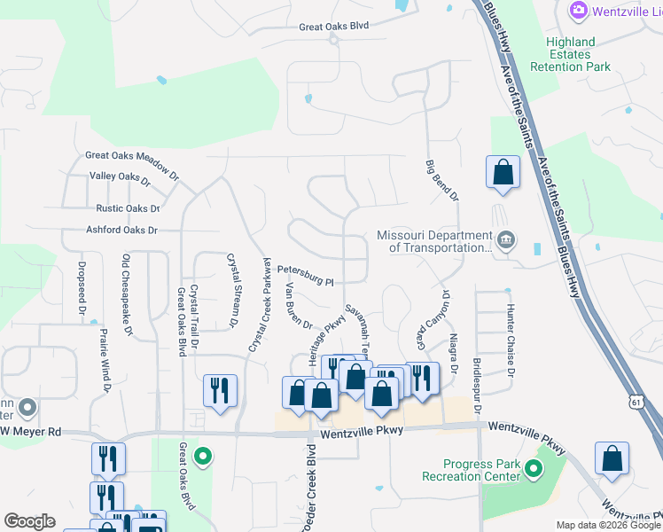 map of restaurants, bars, coffee shops, grocery stores, and more near 508 Petersburg Place in Wentzville