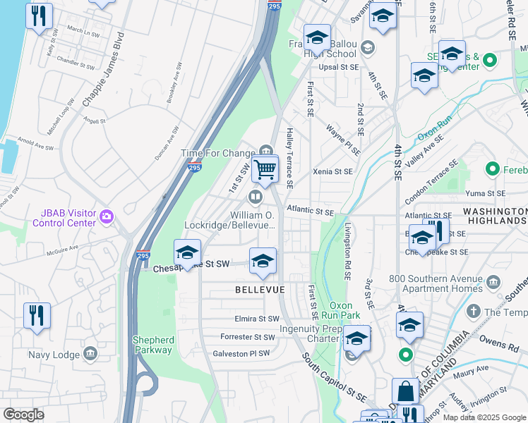 map of restaurants, bars, coffee shops, grocery stores, and more near 4 Atlantic Street Southwest in Washington