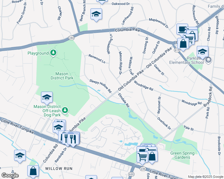 map of restaurants, bars, coffee shops, grocery stores, and more near 4229 Sleepy Hollow Rd in Annandale