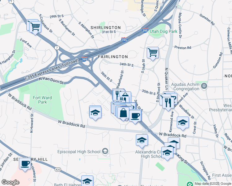 map of restaurants, bars, coffee shops, grocery stores, and more near 3617 South Wakefield Street in Arlington