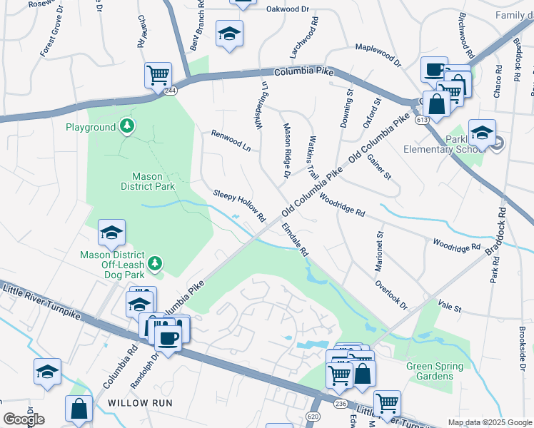 map of restaurants, bars, coffee shops, grocery stores, and more near 4229 Sleepy Hollow Rd in Annandale
