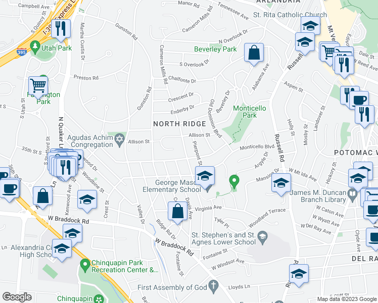 map of restaurants, bars, coffee shops, grocery stores, and more near 2905 Cameron Mills Road in Alexandria