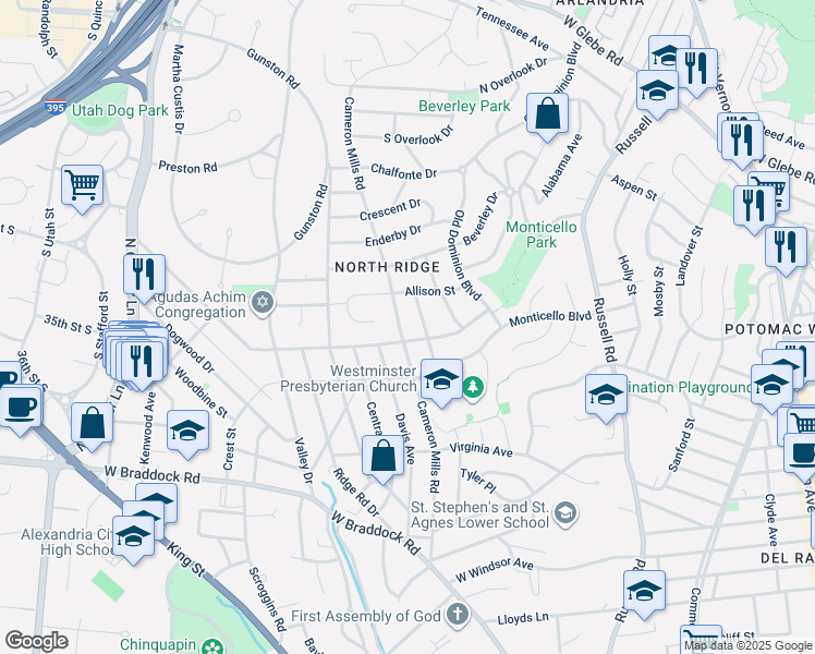map of restaurants, bars, coffee shops, grocery stores, and more near 2905 Cameron Mills Road in Alexandria