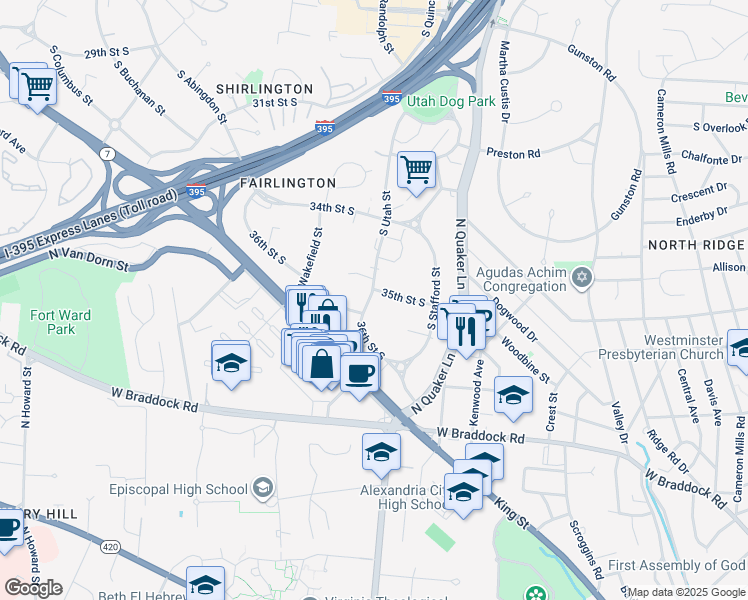 map of restaurants, bars, coffee shops, grocery stores, and more near 3535 South Utah Street in Arlington
