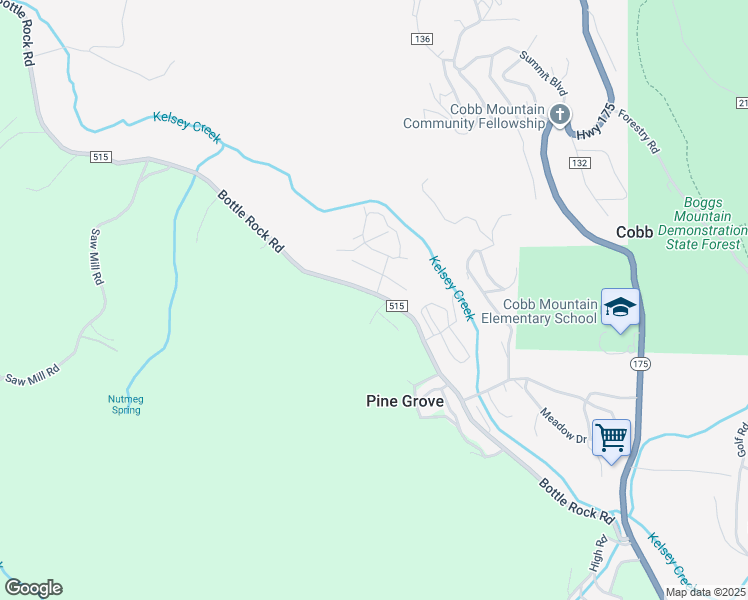 map of restaurants, bars, coffee shops, grocery stores, and more near 15885 Bottle Rock Road in Cobb
