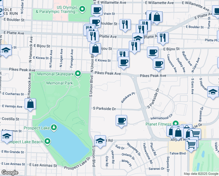 map of restaurants, bars, coffee shops, grocery stores, and more near 101 South Union Boulevard in Colorado Springs