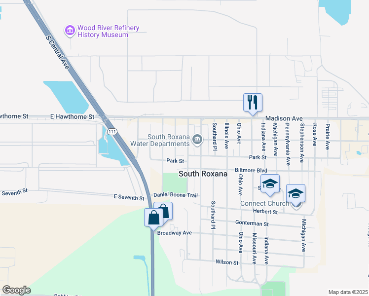 map of restaurants, bars, coffee shops, grocery stores, and more near 509 Park Street in South Roxana
