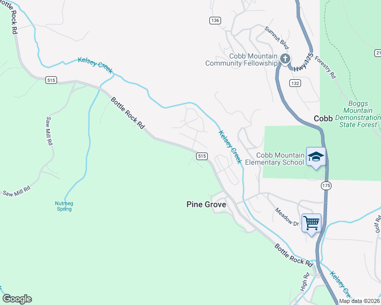 map of restaurants, bars, coffee shops, grocery stores, and more near 15885 Bottle Rock Road in Cobb