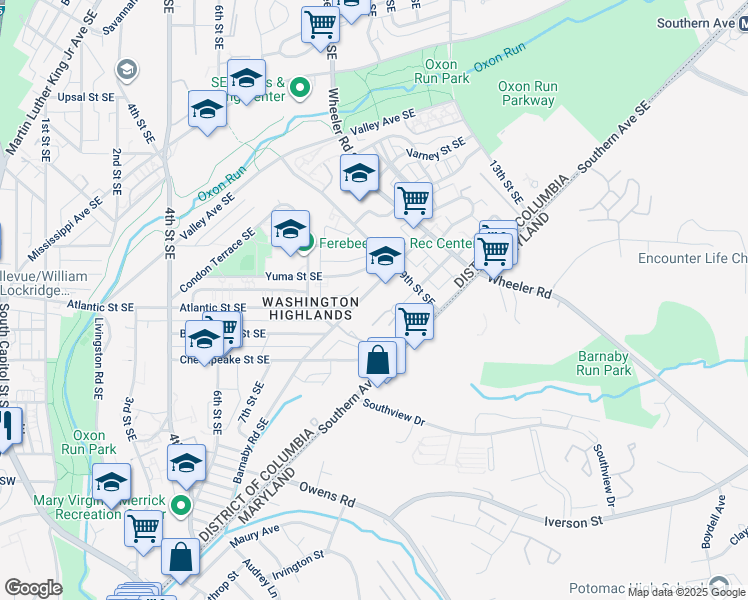 map of restaurants, bars, coffee shops, grocery stores, and more near 879 Barnaby Street Southeast in Washington