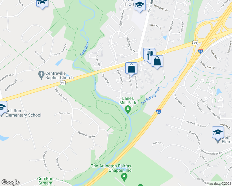 map of restaurants, bars, coffee shops, grocery stores, and more near 14905 Rydell Road in Centreville
