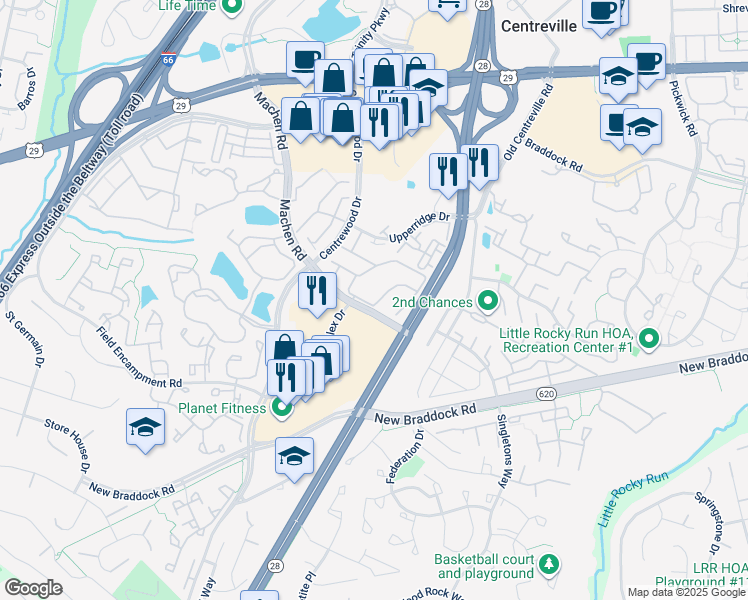 map of restaurants, bars, coffee shops, grocery stores, and more near 6146 Kendra Way in Centreville