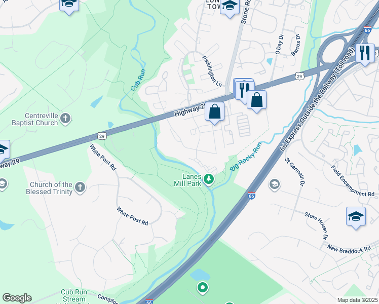 map of restaurants, bars, coffee shops, grocery stores, and more near 14905 Rydell Road in Centreville