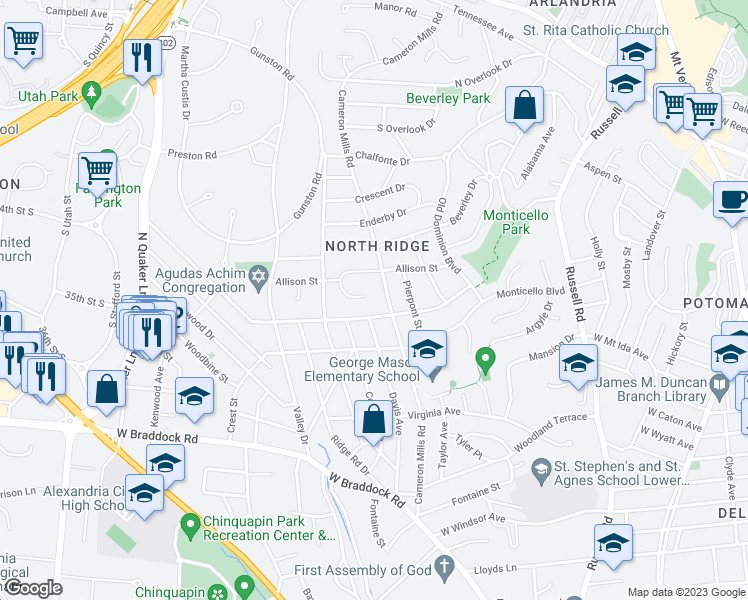 map of restaurants, bars, coffee shops, grocery stores, and more near 2900 Mayer Place in Alexandria