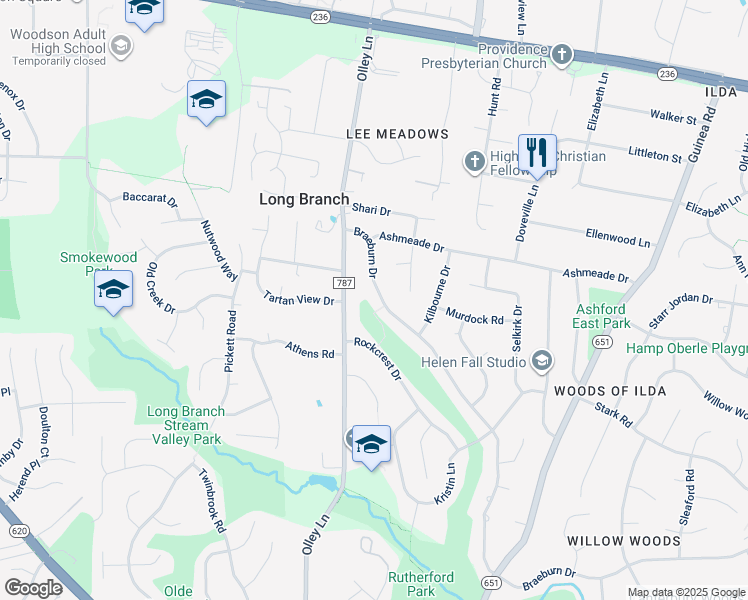 map of restaurants, bars, coffee shops, grocery stores, and more near 4222 Braeburn Drive in Fairfax