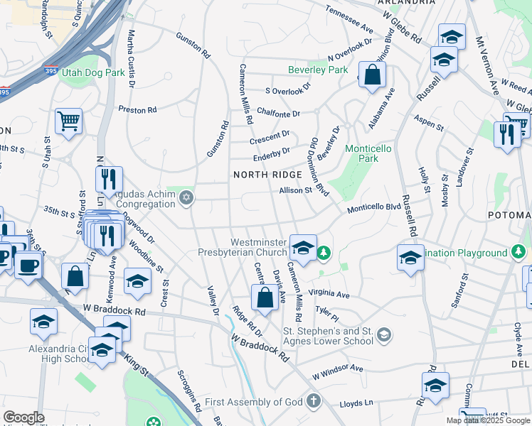 map of restaurants, bars, coffee shops, grocery stores, and more near 2900 Mayer Place in Alexandria