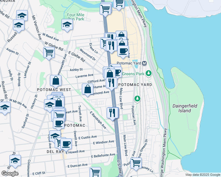 map of restaurants, bars, coffee shops, grocery stores, and more near 621 East Glebe Road in Alexandria