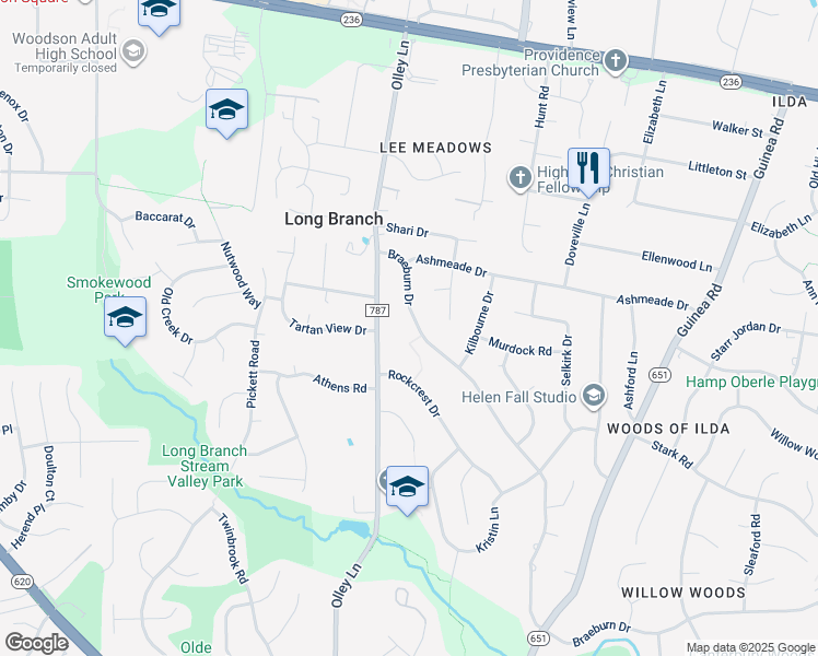 map of restaurants, bars, coffee shops, grocery stores, and more near 4222 Braeburn Drive in Fairfax