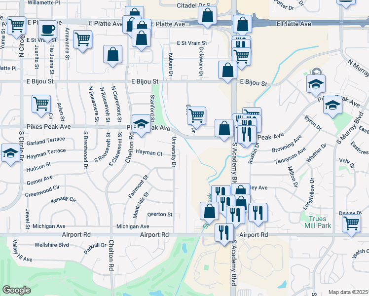 map of restaurants, bars, coffee shops, grocery stores, and more near 6 Audubon Drive in Colorado Springs